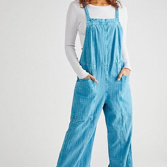 Free People Savannah Overall Smocked Tie Back Blue Jumpsuit New M